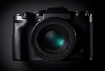 SLR camera with lens on black background. Mirrorless modern camera. Photography technology