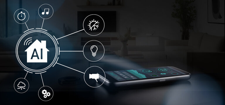Smart home technology. Remote controls devices connected on wi-fi network. Mobile phone applications