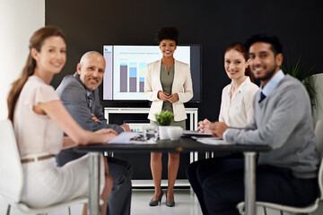 Business people, woman and group with portrait for presentation of data analysis with graph and financial growth. Collaboration, trainer and happy in meeting with stats report and diversity by table