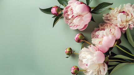 Greeting or invitation blank card peony flowers on olive green background copy space Stylish creative mock up romantic wedding birthday or holiday celebration concept : Generative AI