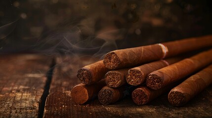 Closeup of a stack of cigars on a wooden table against a dark background