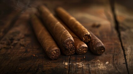 A cluster of cigars placed on a wooden table, against a dark background