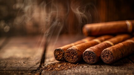 A collection of cigars neatly piled on a wooden table against a dark background