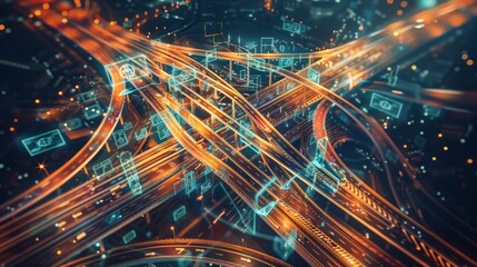 A complex highway intersection at night with data visualizations superimposed, illustrating urban...