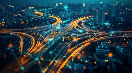 High-angle shot of a city at night, showing a maze of roads and highways illuminated, overlaid with data visualization elements symbolizing LBj