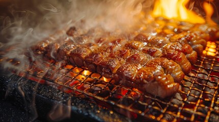 Close up of pork belly cooking on a hot grill, sizzling and charring, with flames visible