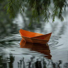 Find Peace in Solitude: Orange Paper Boat Amidst Nature&rsquo;s Greenery on Calm Waters