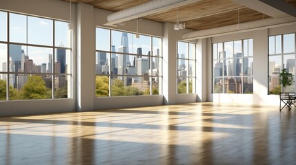 Cityscape view from modern empty room with large windows