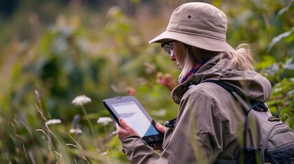 A woman wearing a hat is actively engaged with a tablet, likely participating in a wildlife data collection project for citizen science - obrazy, fototapety, plakaty