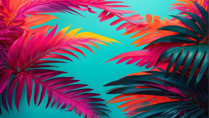 Fototapeta na wymiar A vivid composition featuring bright pink and red tropical leaves set against a striking teal background
