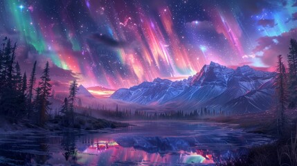 Aurora borealis landscape with mountains and lake