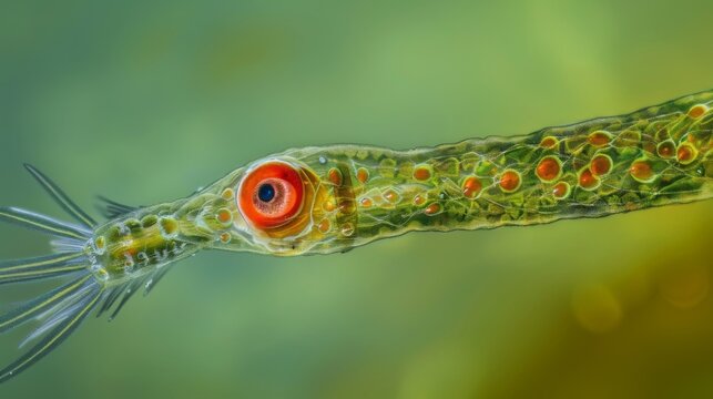A highly magnified image of a euglena a flagellated protozoan with a prominent red eyespot and a long whiplike tail for propulsion.