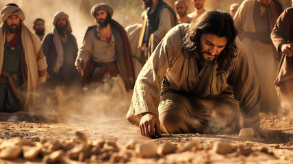 Jesus Christ is writing in the sand the sins of the people who are close to him
