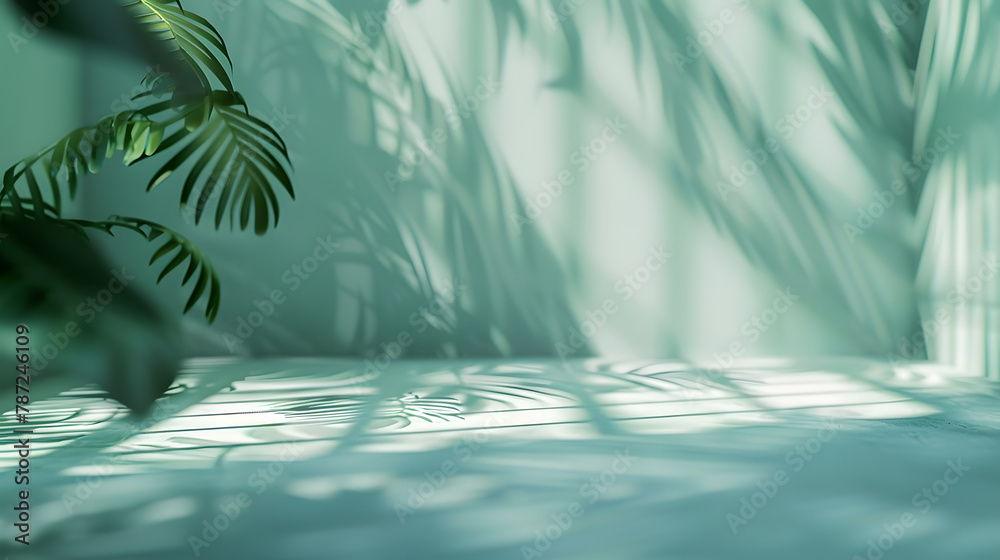Poster Abstract gradient green studio background for product presentation Empty room with shadows of window and flowers and palm leaves  3d room with copy space Summer concert Blurred backdro : Generative AI