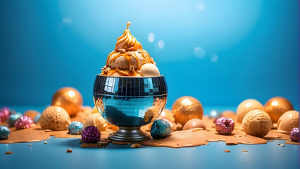Surreal and playful image of a disco ball turned ice cream bowl surrounded by candies and caramel splashes - obrazy, fototapety, plakaty