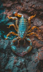 A lively blue and yellow scorpion perches confidently on a rugged rock