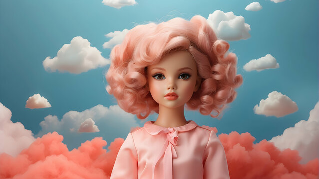An image featuring a doll with vivid pink hair juxtaposed against a soft blue sky with fluffy clouds