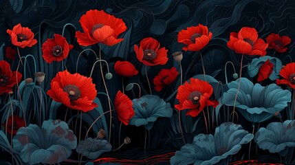 Dark Background Collage: Detailed Red Poppies and Riverscape