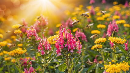 Fototapeta na wymiar Bees working, in Jardim Radiante, among Colorful Flowers at Sunset.