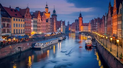 Beautiful Gdansk over the Motlawa river at dusk. Poland - obrazy, fototapety, plakaty