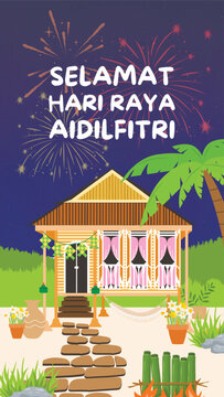 Raya handdrawn illustration eid mubarak aidlfitri village