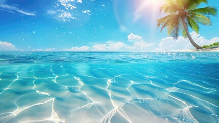 Seabed with blue tropical ocean, sunny blue sky and palm tree, empty underwater background, calm sea water. Summer beach - obrazy, fototapety, plakaty