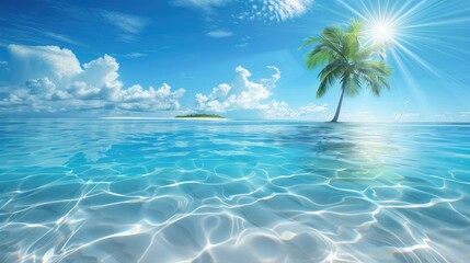 Fototapeta na wymiar Seabed with blue tropical ocean, sunny blue sky and palm tree, empty underwater background, calm sea water. Summer beach