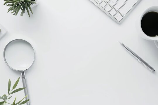 Minimalist workspace with coffee and magnifying glass - Powered by Adobe