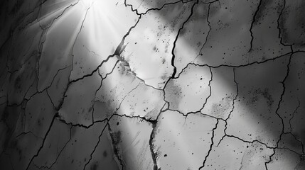 A black and white close-up of a cracked and weathered white wall, with a single ray of sunlight illuminating a single, deep crack.3D rendering.