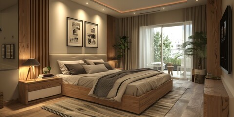Modern and minimalist bedroom interior design - obrazy, fototapety, plakaty