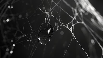 A black and white macro photo of a single, dewdrop clinging to a pristine white spiderweb.3D rendering - obrazy, fototapety, plakaty