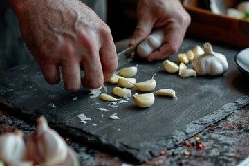 Close-up of hands peeling garlic cloves