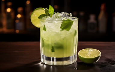 Mojito cocktail with lime, mint and ice on wooden background.