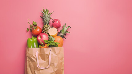 Fresh fruit and vegetables in paper bag on pastel pink background top view copy space Food groceries in bio package flat lay : Generative AI - Powered by Adobe