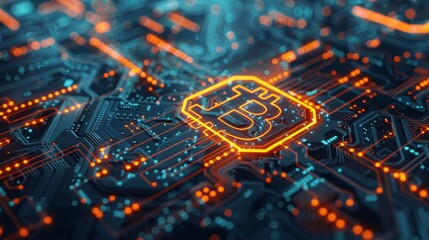 Fototapeta premium A circuit board with glowing pathways resembling the bitcoin logo, data flowing like electricity through the traces.3D rendering.