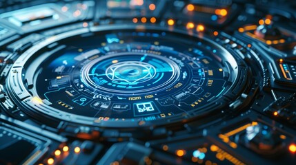 A circular control panel with various buttons and holographic displays, representing the user interface of a complex technological system.3D rendering.