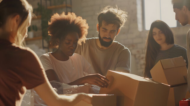 Multiracial group of people working on humanitarian aid project Teamwork in homeless shelter Small diverse group of volunteers working in a community charity donation center Copy space : Generative AI
