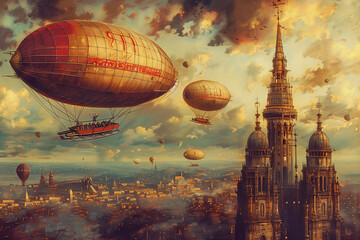 Dirigible travels, steampunk retro-futuristic fantasy early '900: adventure in the sky over a beautiful city at sunset