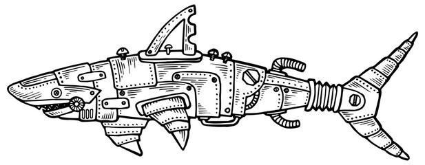 Mechanical shark animal engraving PNG illustration. Scratch board style imitation. Black and white hand drawn image.