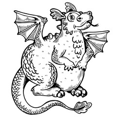 Cartoon dragon animal engraving PNG illustration. Scratch board style imitation. Black and white hand drawn image.
