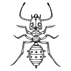 Mechanical ant insect animal engraving PNG illustration. Scratch board style imitation. Black and white hand drawn image.