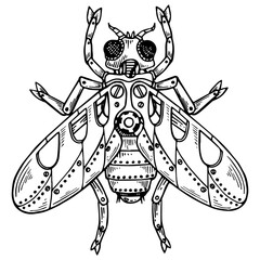 Mechanical fly insect animal engraving PNG illustration. Scratch board style imitation. Black and white hand drawn image.