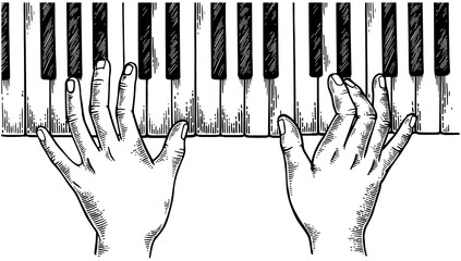 Hands and piano keys engraving PNG illustration. Scratch board style imitation. Black and white hand drawn image. © Oleksandr Pokusai