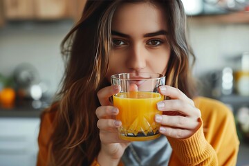 Woman drinking orange juice in kitchen