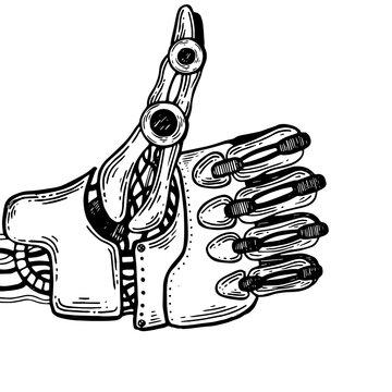 Mechanical human robot hand engraving PNG illustration. Scratch board style imitation. Black and white hand drawn image.