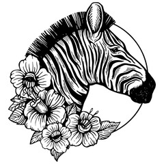 Obraz premium Zebra head animal engraving PNG illustration. Scratch board style imitation. Black and white hand drawn image.