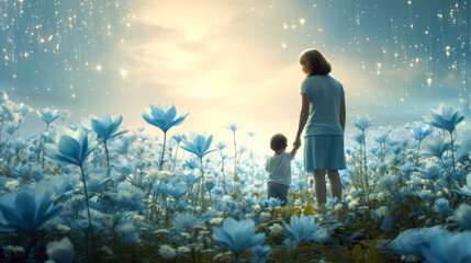 A woman and a child are standing in a field of blue flowers