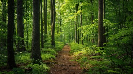 Beautiful young forest with a trail for walking - obrazy, fototapety, plakaty