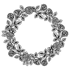 Rose flower wreath frame engraving PNG illustration. Scratch board style imitation. Black and white hand drawn image.