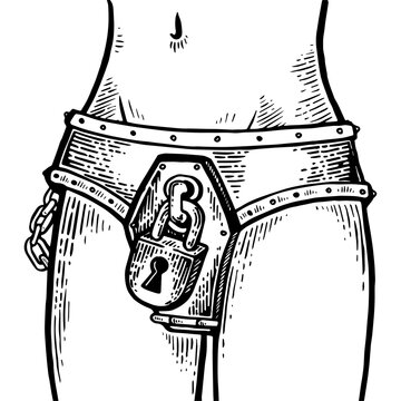 chastity belt engraving PNG illustration. Scratch board style imitation. Black and white hand drawn image.